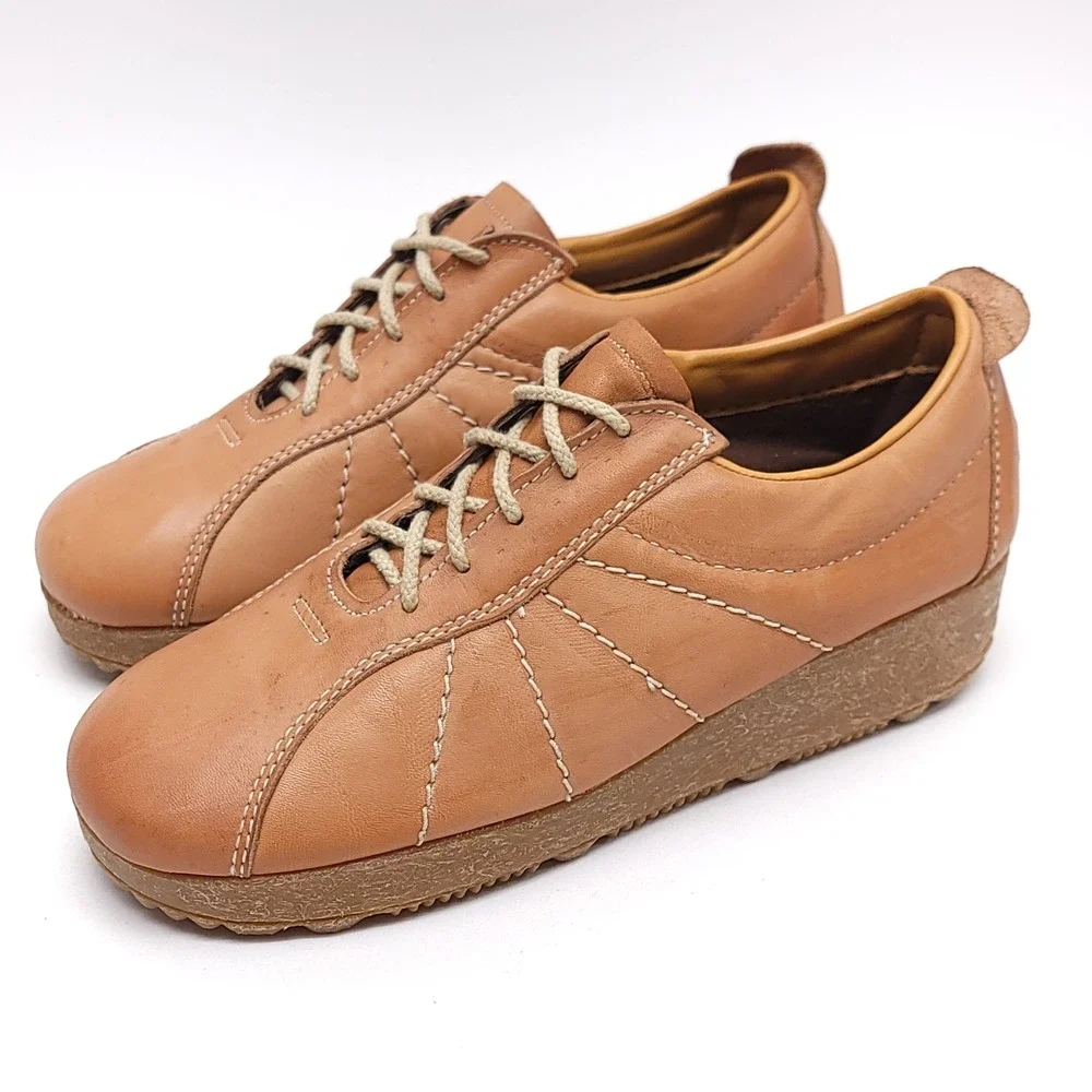 Armadillo Casual Tan Leather Platform‎ Shoes Sunburst Stitch Wedge Oxford 7.5